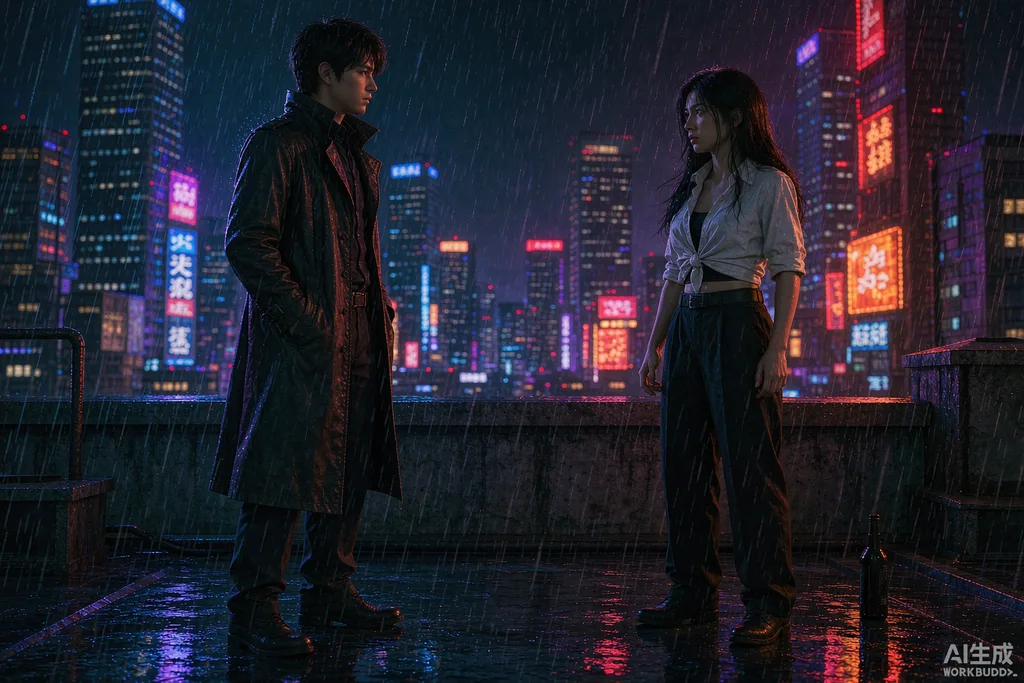 漫剧双人对手戏：雨夜天台，白衬衫黑长裤的女主与深色长大衣的男主相距三米对峙，霓虹逆光