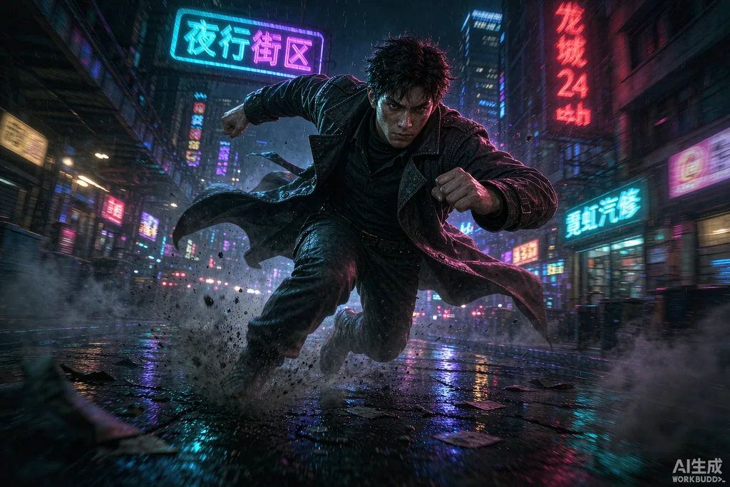 第一镜冲锋:深色大衣男主低机位前冲出拳蓄力,背景动态模糊,夜景街道