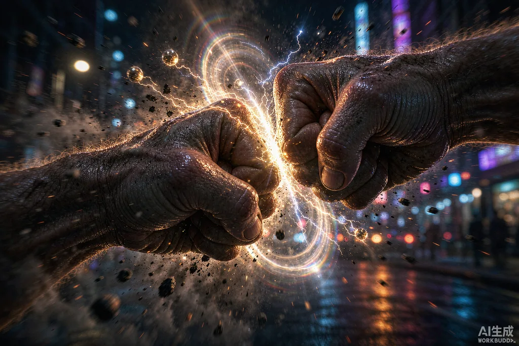 第二镜对撞:双拳空中相撞极特写,撞击点冲击波能量涟漪,碎屑爆开