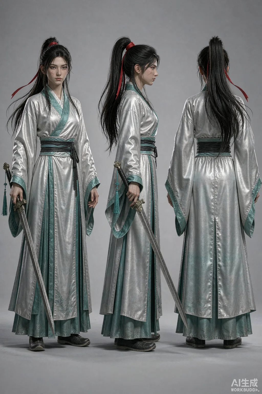 古风侠女柳惊鸿三视图：22 岁，黑发高马尾束红丝带、右颧骨细小疤痕、白青宽袖汉服配黑色腰封与长剑，3D 写实渲染风格