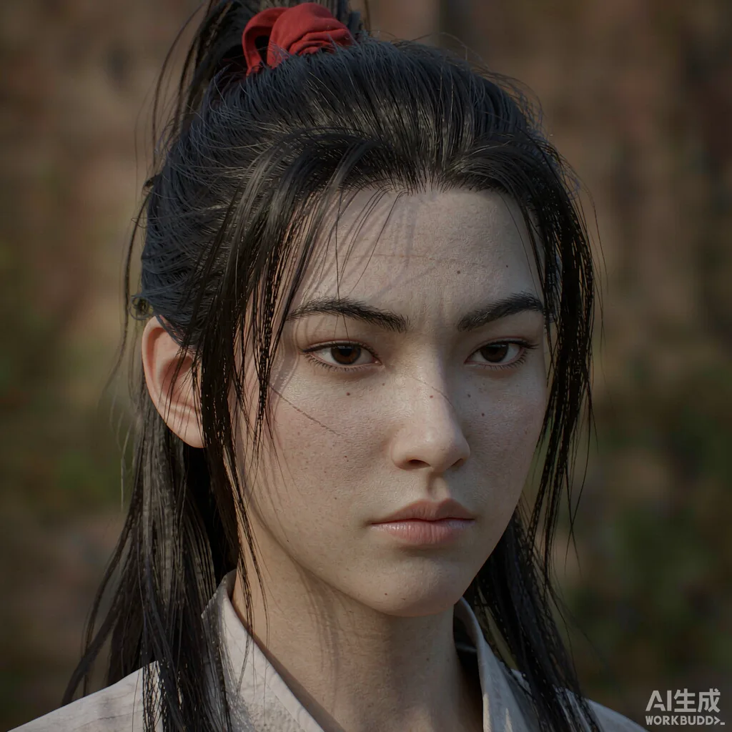 侠女柳惊鸿面部特写：黑发高马尾束红丝带、凤眼锐利、右颧骨细小疤痕、白色汉服衣领