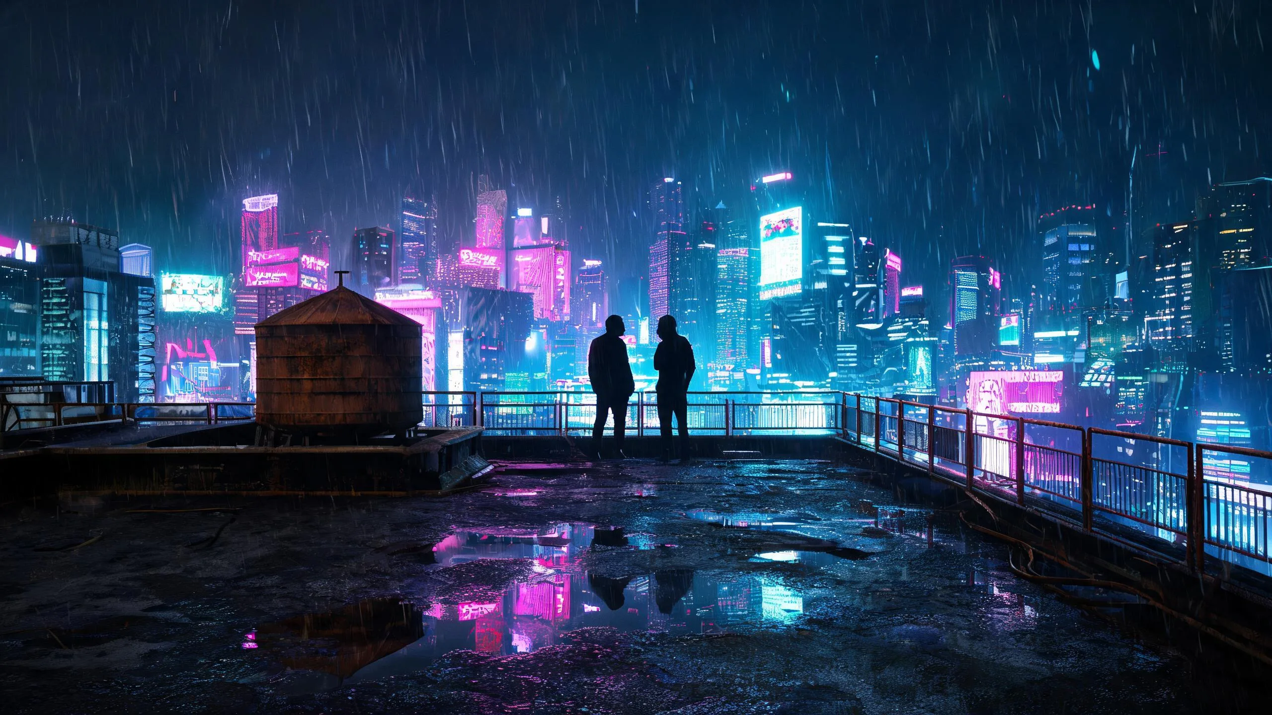 雨夜天台氛围要素特写：低机位拍摄地面水洼中品红与青色霓虹倒影，雨点打在水面上