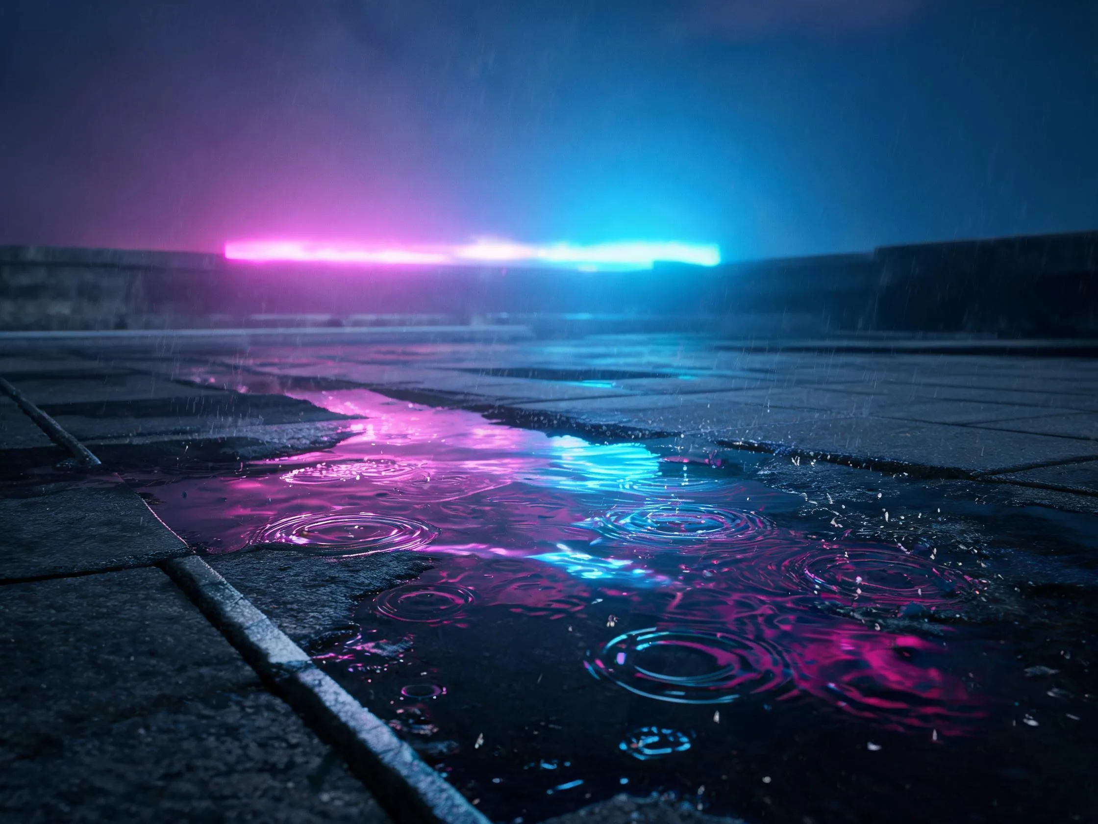 雨夜天台远景全景：两个剪影在水塔与锈栏杆前的天台边缘对峙，地面水洼反射品红与青色霓虹
