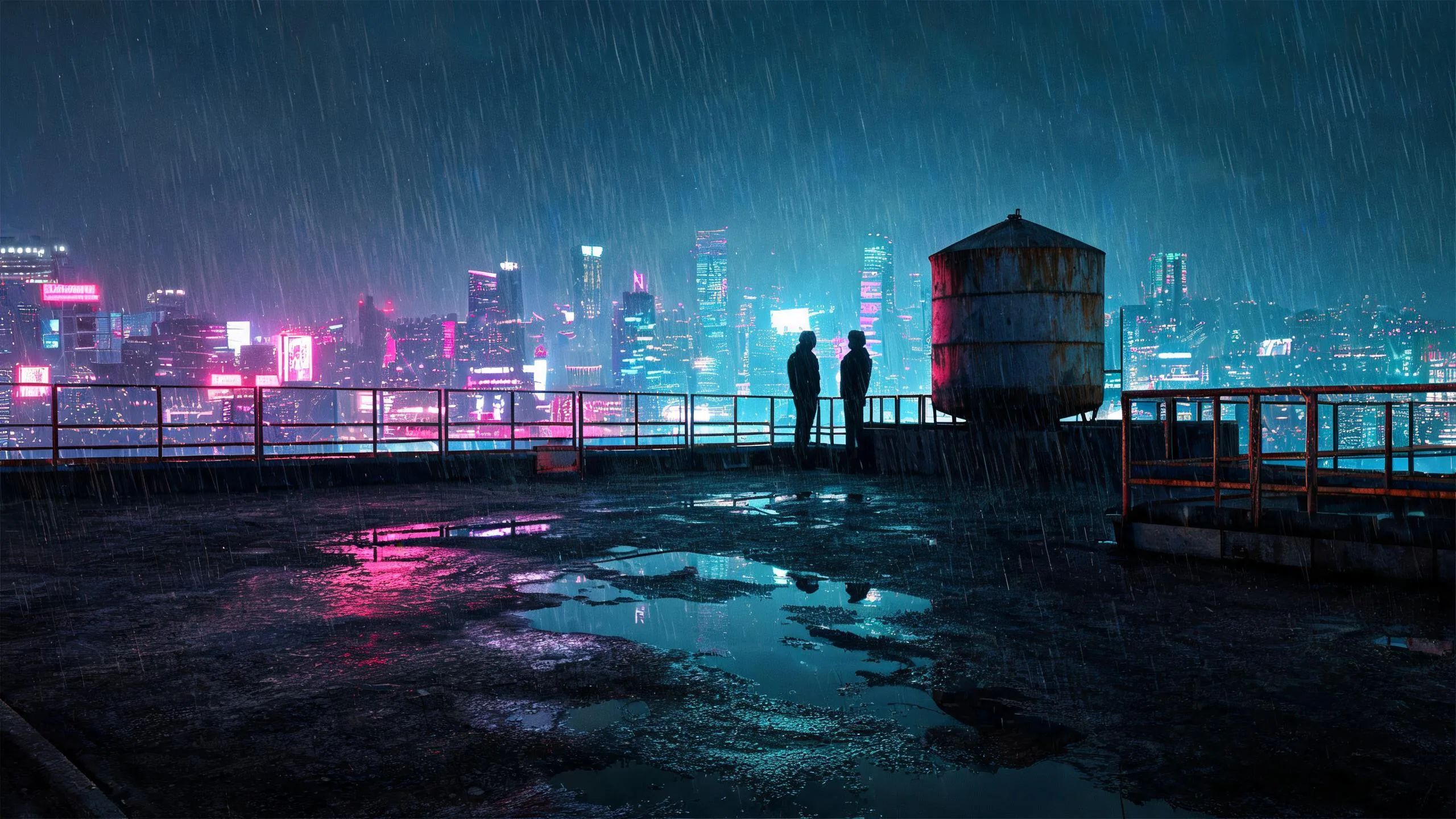 雨夜天台中景对峙：米色长风衣女子与深色唐装帮派大佬在霓虹逆光下面对面对峙，风衣下摆被风吹起