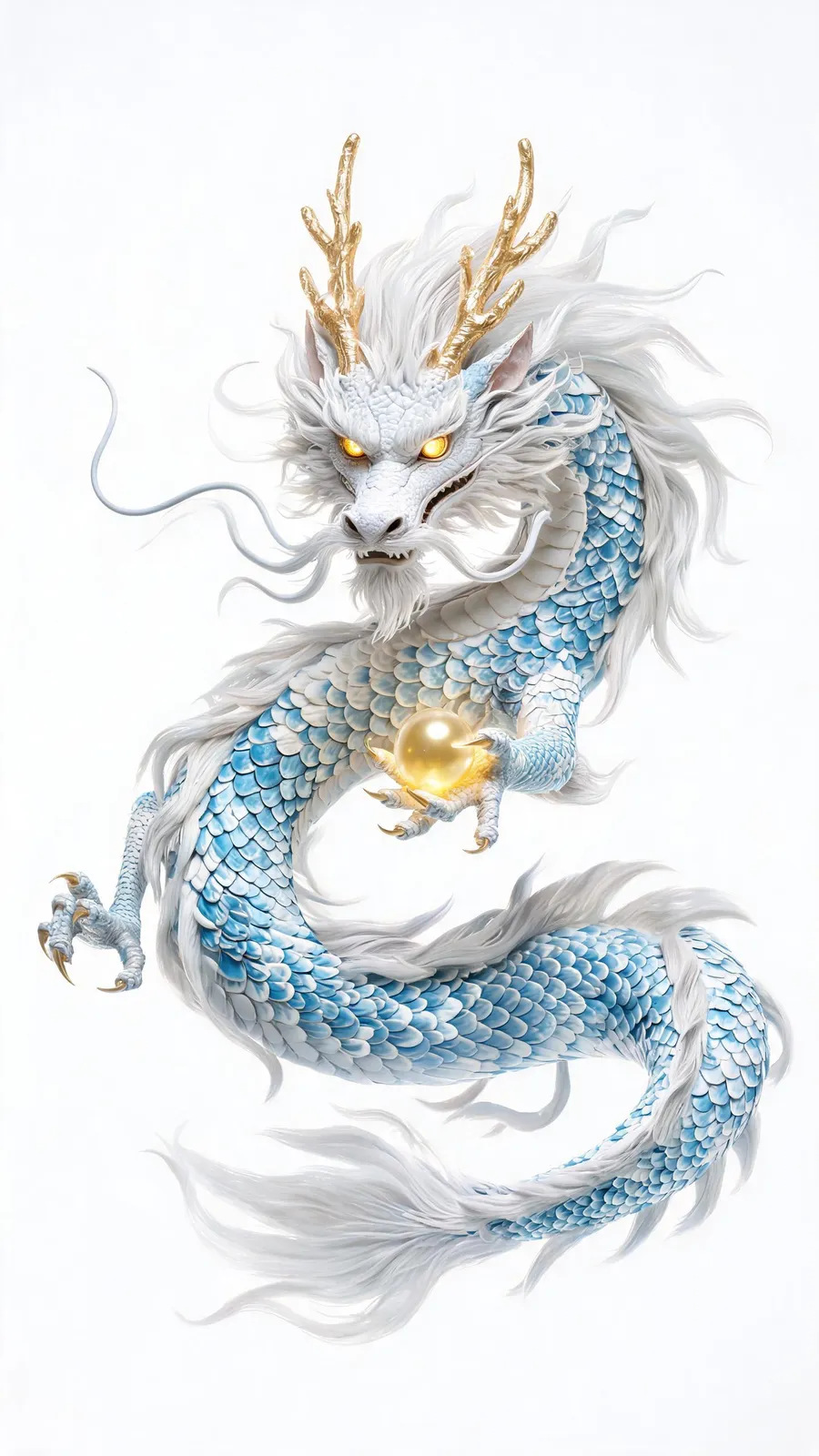 漫剧神龙白底全身参考图:蓝白渐变鳞片蛇形长身 S 形盘旋,金色龙角与白色长须,一爪托金色龙珠,正派圣龙定妆