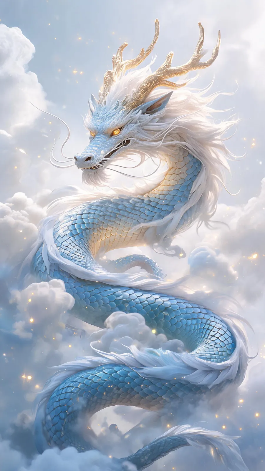 漫剧神兽神龙全身定妆:蓝白渐变鳞片蛇形长身盘踞云端,金色鹿角状龙角、白色长须鬃毛、金色双眼,圣光氛围 3D 写实渲染